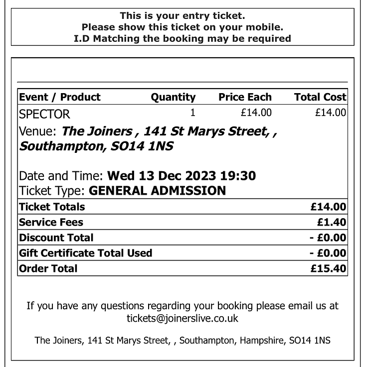 Spector ticket The Joiners 2013