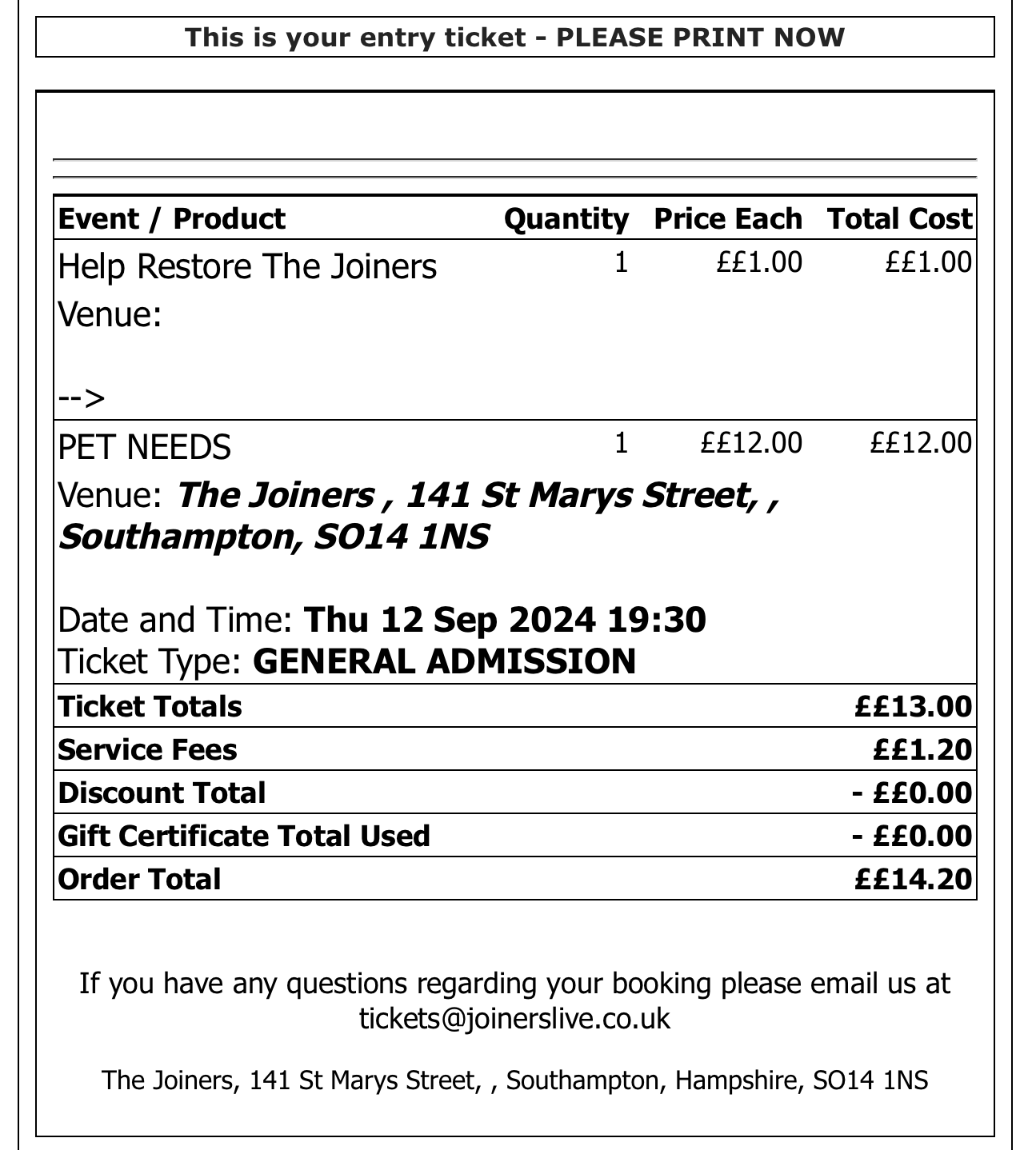 Pet Needs ticket Southampton September 2024